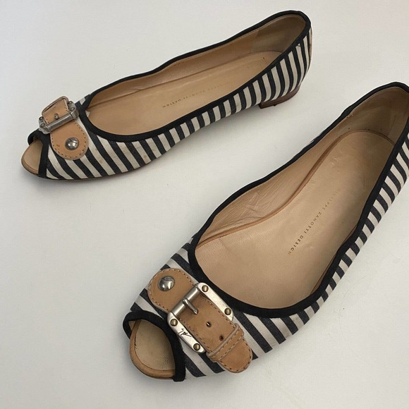 Giuseppe Zanotti Ballet Flat Nautical Striped Black White Peep Buckle St… - Picture 7 of 12